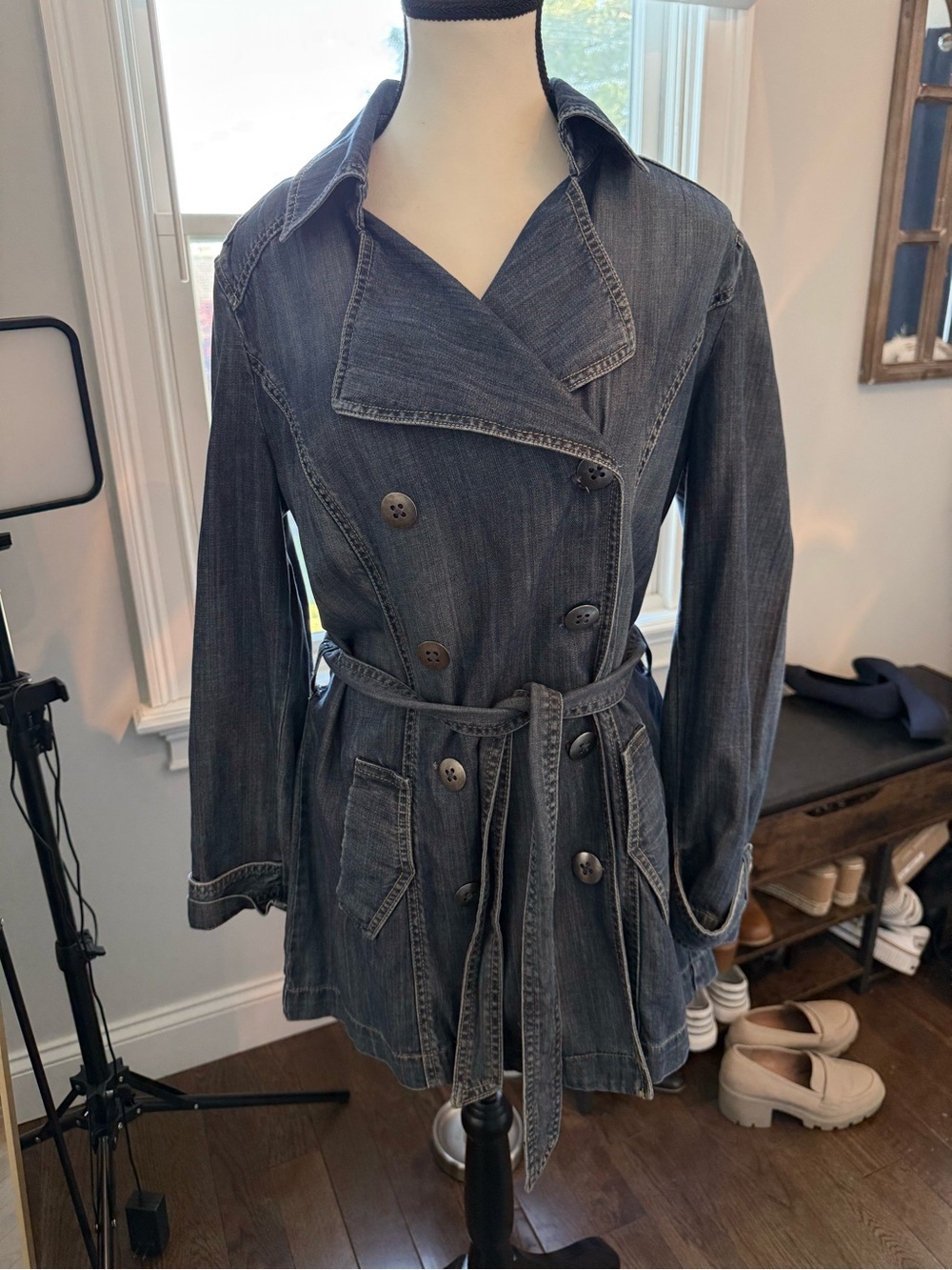 Chico's Double-Breasted Lyocell and Cotton Denim Trench Jacket - Blue Sz Medium